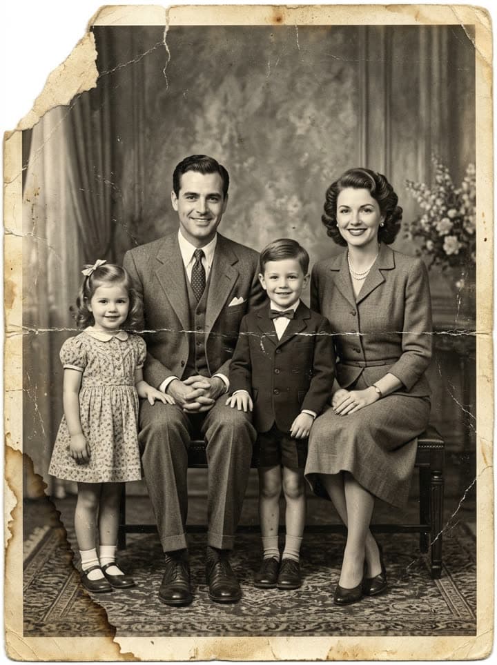 Before: A 1950s studio portrait in black and white, colorized.