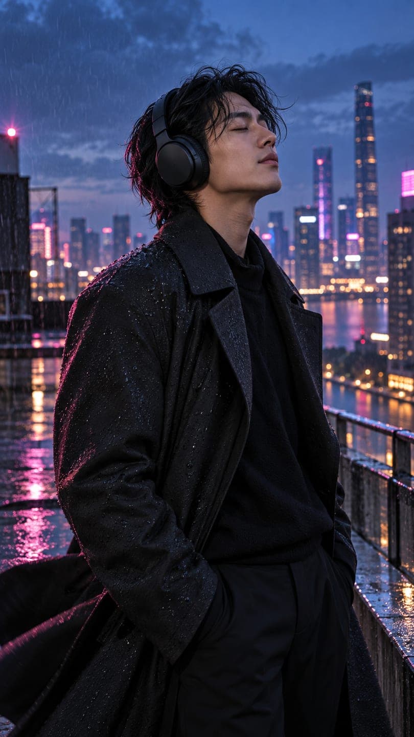 Rain and headphones — AI video template example